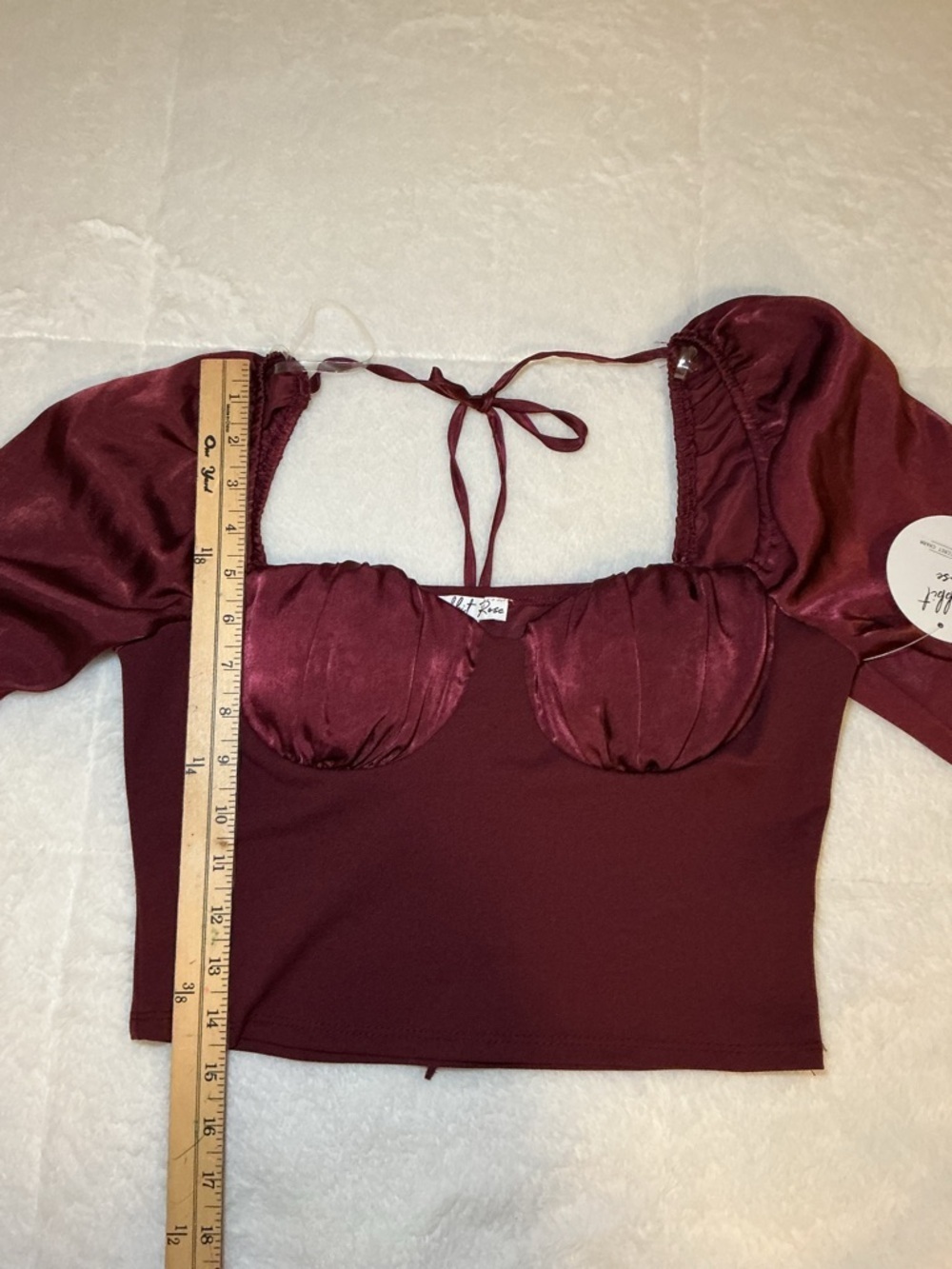 Rabbit Rose Burgundy Satin Bustier Long Sleeve Crop Top - Picture 8 of 12